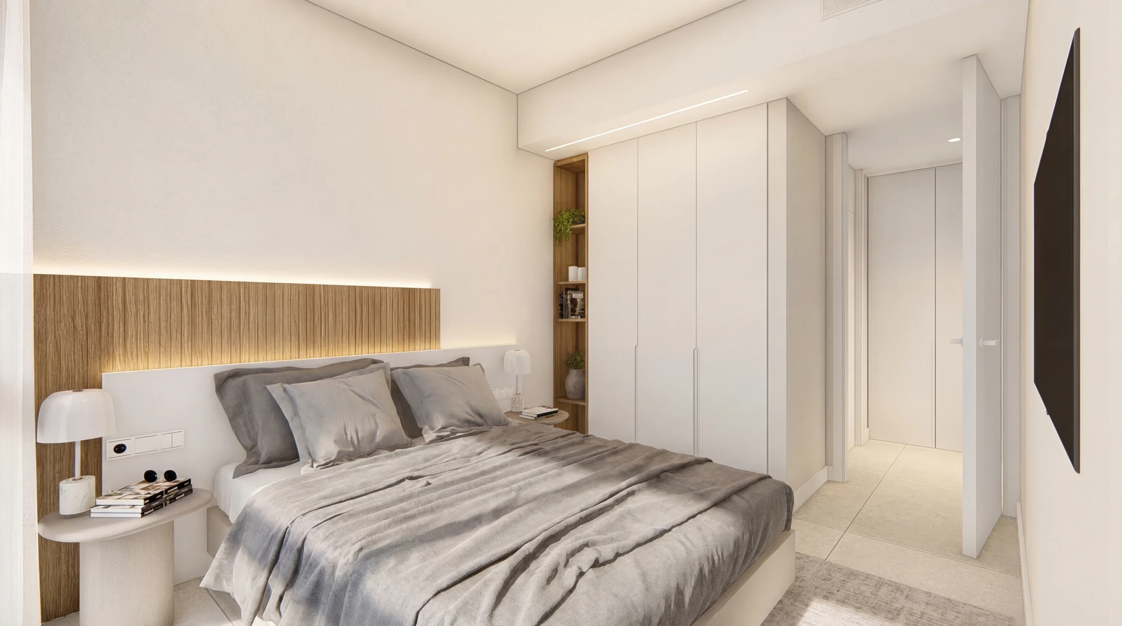 Lichte slaapkamer met een tweepersoonsbed